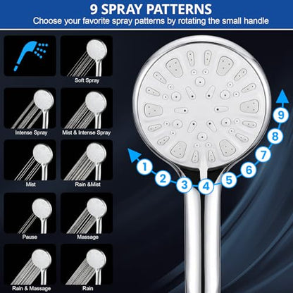 Shower Head, 10 Inch High Pressure Rainfall Shower Head/Handheld Shower Combo with 11 Inch Extension Arm, 9 Settings Adjustable Anti-leak Shower Head with Holder/Hose, Height/Angle Adjustable