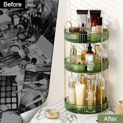 360 Rotating Makeup Organizer for Vanity, Bathroom Countertop Spinning Perfume Organizer, High-Capacity Cosmetic and Skincare Dresser Make Up Holder Rack (3 Tiers, Green)