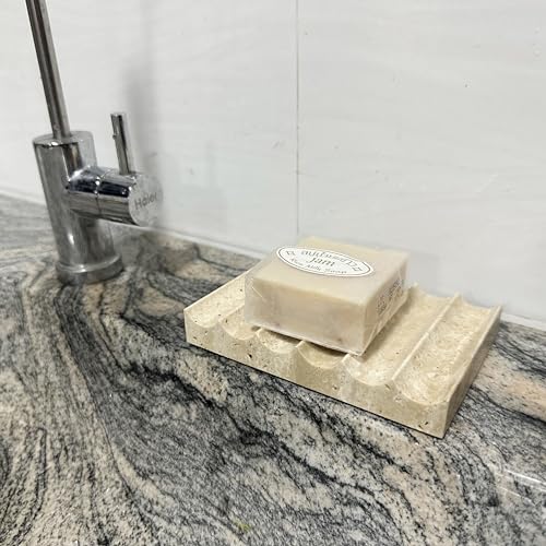 Luxury Travertine Soap Dish Marble Jewelry Ring Tray - Rectangle Marble Soap Tray & - Self Draining Soap Holder for Bathroom, Kitchen, Beige Travertine - color: Beige Travertine