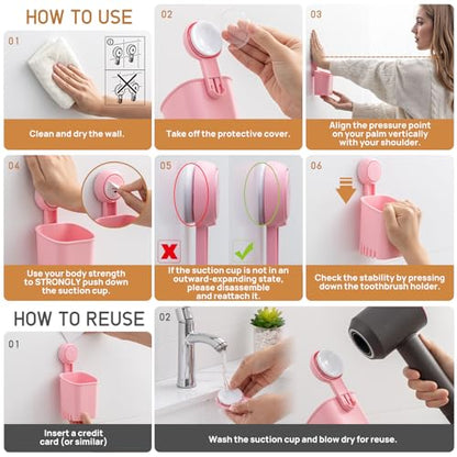LEVERLOC Powerful Suction Cup Toothbrush Holder, Drill-Free Wall Shower Holder for Toothbrush, Toothpaste, Razor, Self-draining Kitchen Tableware Organizer, Removable Suction Cup in Shower, Pink - color: 1 Holder, Pink