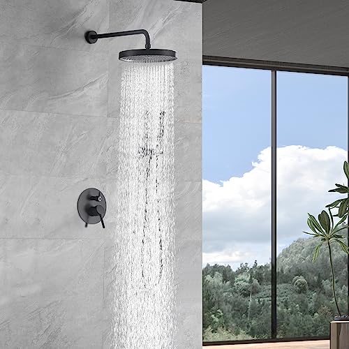 Black Shower Faucets Sets Complete, Matte Black Shower Fixtures, Shower System with 10 Inch Rainfall Shower Head And High Pressure Handheld, Brass Valve with Pressure Balance Cartridge - style: 10-inch Black