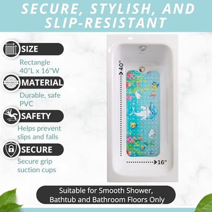 ENKOSI Non-Slip Bath & Shower Mat 40x16 Extra Long, Suction & Drain Holes | Fun dolphin print for kids; Durable PVC; 40x16 in, Dolphin - color: Dolphin Print