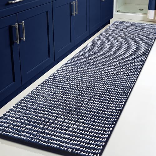 Luxury Chenille Bathroom Rugs Non Slip 60" x24", Extra Soft Absorbent Striped Bath Mats for Bathroom, Machine Washable Quick Dry Shower Floor Rug, Home Decor Accessories, Dark Blue & White - color: Dark Blue & White, size: 2' x 5' (Runner)