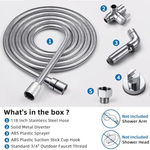 G-Promise Dog Shower Attachment with Flow Control | High Pressure, with Flow Control Lever, Extra Long Hose, Easy to Install, No-Drill Hook Mount - color: Chrome, size: 118 Inch Hose