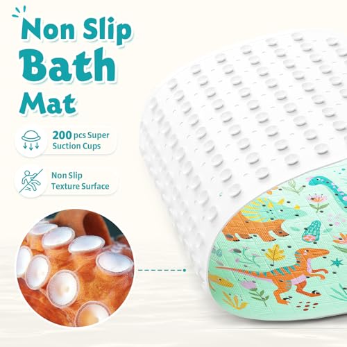 Baby Bath Mat for Tub Non Slip Kids, BPA Free Extra Long Bathtub Mat 40x16 with Drain Holes and 200 Suction Cups, Non Toxic Machine Washable Toddler Bath Mat, Eco-Friendly Certified - color: K-dense Dinosaurs-1