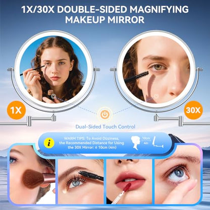 Auxmir 10″ 5000mAh 1X/30X Wall Mounted Lighted Magnifying Makeup Mirror | Double‑Sided Button, Rechargeable, 3 Dimmable Colors, 360° Rotation, Extended Arm, 30X Magnification, Bathroom, Chrome - color: 10'' 30x-chrome