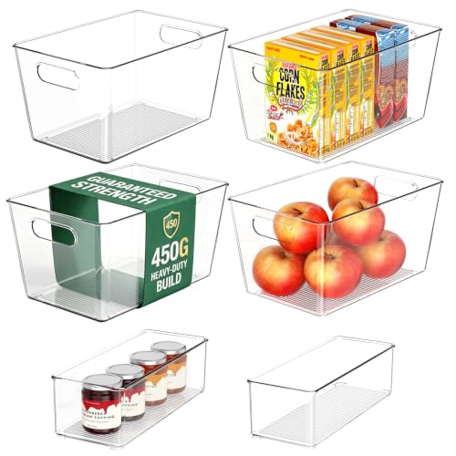 Set of 6 Pantry Organizers and Storage, Clear Plastic Bins(4L+2S) | BPA-free PETG storage containers with handles, Ideal for kitchen, fridge, bathroom, cabinet, office, and garage organization - size: 4 Large & 2 Small