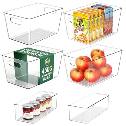 Set of 6 Pantry Organizers and Storage, Clear Plastic Bins(4L+2S) | BPA-free PETG storage containers with handles, Ideal for kitchen, fridge, bathroom, cabinet, office, and garage organization - size: 4 Large & 2 Small