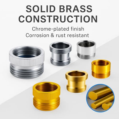 Faucet Adapter with Aerator, Sink Faucet to Garden Hose Connector | Chrome Brass Fits G1/2" Female, 55/64" Female, and 15/16" Male, Connects to 3/4" GHT Garden Hose, with Washers and PTFE Tape