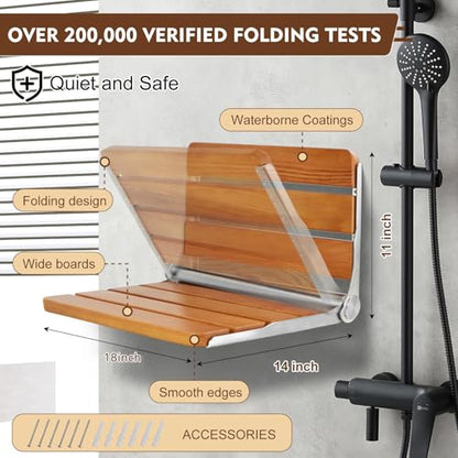 18” Teak Folding Shower Seat Wall Mounted, 400 lbs Heavy Duty Fold Down Shower Bench, Space Saving Bathroom Shower Chair with Stainless Steel Frame, Non-Slip Spa Seat for Elderly & Small Spaces - color: Yellow, size: 18 inchs