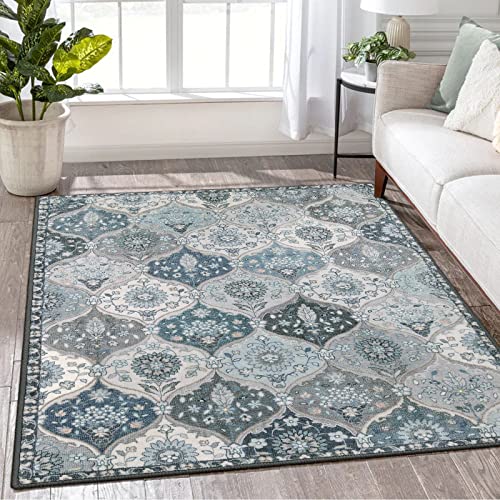 Lahome Moroccan Machine Washable Area Rugs, 4x6 Rug for Living Room Bedroom | Soft Non-Slip Rug Vintage Trellis Ultra-Thin Throw Carpet for Dining Room Office Elise, Blue - color: Dusty Blue Grey, size: 4' X 6' (Rectangular)