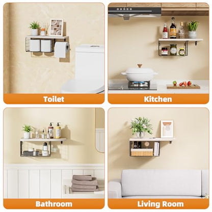 VITVITI Toilet Paper Holder with Shelf Wall Mounted Storage Basket, Natural | Farmhouse Wall Mount Toilet Paper Holder Shelves, Wood Metal Toilet Roll Wipes Holder for Bathroom - color: Natural
