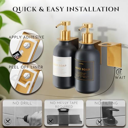 Shower Shampoo Dispenser Wall Mounted – 3 Refillable 16.9 oz Black Bottles with Stainless Steel Pumps & No-Drill Adhesive Holders – Soap Dispenser Set for Bathroom (3 X Black/Gold) - color: 3 X Black/Gold