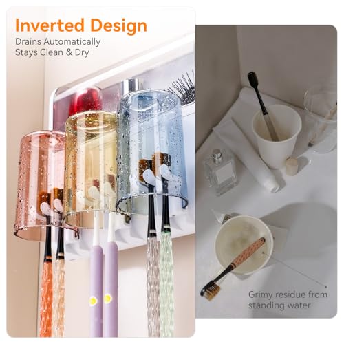 Toothbrush Holder Wall Mounted with Automatic Toothpaste Dispenser, Dustproof Flip Cover and Inverted Cup Slots, Multi-Functional No-Drill Bathroom Organizer for Family, Space Saver (3 Cups)