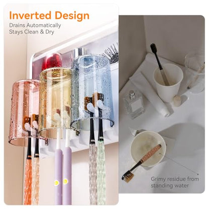 Toothbrush Holder Wall Mounted with Automatic Toothpaste Dispenser, Dustproof Flip Cover and Inverted Cup Slots, Multi-Functional No-Drill Bathroom Organizer for Family, Space Saver (3 Cups)