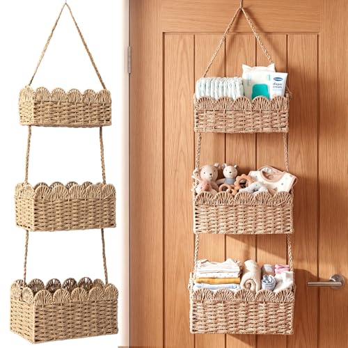 Qunclay Over The Door Hanging Basket 3-tier Decorative Hanging Nursery Baskets Large Baby Diaper Caddy Wall Mounted Woven Organizer for Home Bedroom Living Room Baby Shower Gifts