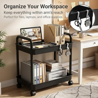 2-Tier Black Rolling Storage Cart with 4 Hanging Hooks - Slim Mobile Utility Cart Organizer, Compact Multi-Functional Narrow Rolling Shelf Rack on Wheels for Kitchen, Bathroom, Laundry Room, Office