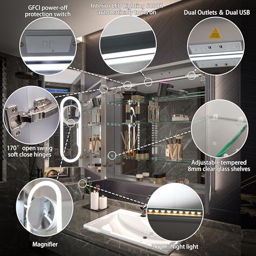Luxury 36" Wall-Mounted LED Bathroom Medicine Cabinet, Outlets, Anti-Fog | Surface-Mount/Recessed, Double-Sided Mirror Cabinet, 3 Color Temp, DTC Silent-Close Hinges, Adjustable Tempered Glass Shelfs - size: 36"W x 36"H