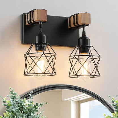 Farmhouse Vanity Light Fixture,2-Light Bathroom Lighting,Black Industrial Wood Wall Light Over Mirror with Metal Shade - color: Black, size: 2-Light-Wide 12"