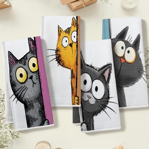 4 Pcs Funny Cat Kitchen Towels, Cute Cats Gifts Soft Absorbent Tea Towel - color: Multi 0138