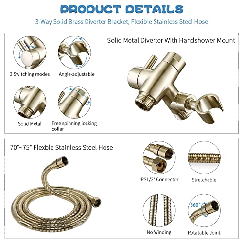 G-Promise Rain Shower Head and Handle Set for Modern Bathroom Upgrade | All Metal, Built to Last, Including the Required Accessories, Modern Upgrade, Extra Flexible Long Lose - color: Brushed Gold