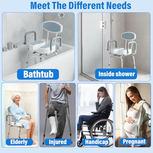 Shower Chair for Elderly and Disabled Adults, U-Shape Seat | 400lb Weight Capacity, Heavy Duty, Padded Armrests and Back, Height Adjustable
