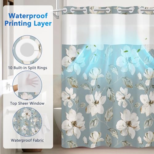 Floral Shower Curtains for Bathroom, Double-layer No Hook Shower Curtain with Detachable Liner and Mesh Top Window, 71x74 Inches Waterproof Fabric Shower Curtain with Built-in Rings and Weighted Hem - color: White Flowers
