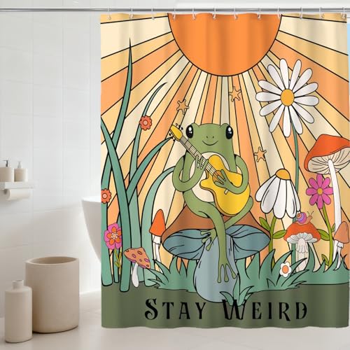 Japanese Groovy Frog Shower Curtain Cottagecore Boho Magical Animal Funny Shower Curtains Greenery Mushroom with Orange Sun Bathroom Shower Curtain Set Trendy Cute Bathroom Home Decor 72X72 inches - color: Green Orange