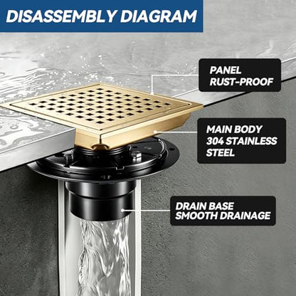 Square Shower Floor Drain, Matte Black Finish, Grid Pattern Strainer Cover (Gold, Grate) - color: Gold