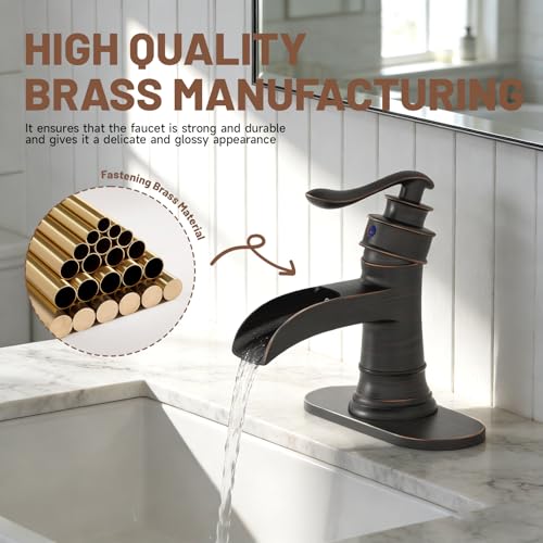 Oil Rubbed Bronze Waterfall Bathroom Faucet Single Handle One Hole | with Pop Up Drain & Supply Lines,Lead-Free Solid Brass,Farmhouse Faucet for Sink 1-3 Hole,Deck Mount,by Bathfinesse - color: A-Oil-Rubbed Bronze