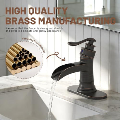 Oil Rubbed Bronze Waterfall Bathroom Faucet Single Handle One Hole | with Pop Up Drain & Supply Lines,Lead-Free Solid Brass,Farmhouse Faucet for Sink 1-3 Hole,Deck Mount,by Bathfinesse - color: A-Oil-Rubbed Bronze