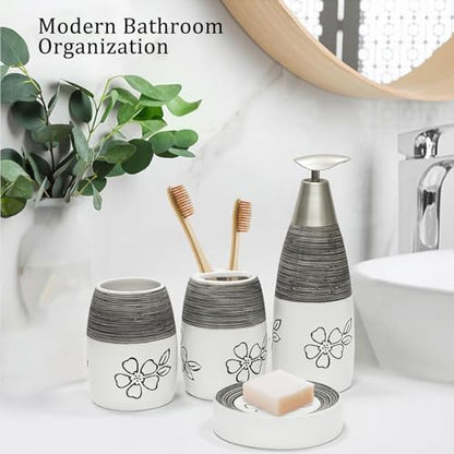 CERBIOR Bathroom Accessories Set,4 PCS Ceramic Bath Accessory,White Flower | Includes Toothbrush Holder, Toothbrush Cup, Soap Dish for Decorative Countertop and Housewarming Gift - style: White-Flower