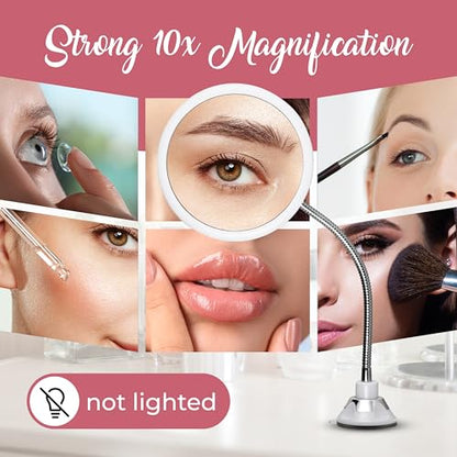 Flexible 10X Gooseneck Magnifying Mirror, 6.7" x 6.7" (Round) | Adjustable Gooseneck Magnifying Makeup Mirror Non Lighted with Suction Cup - Mount on Table or Wall for Vanity & Bathroom Use