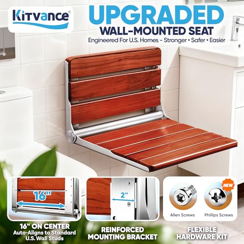 [Upgraded Version] 20" ADA Compliant Folding Teak Shower Seat Wall Mounted - Larger Teak Shower Bench, Home Care Folding Shower Seat for Inside Shower, Wall Mount Shower Chair Shower Stool, Max 400lb - size: 20*17*11 Inch（Teak）