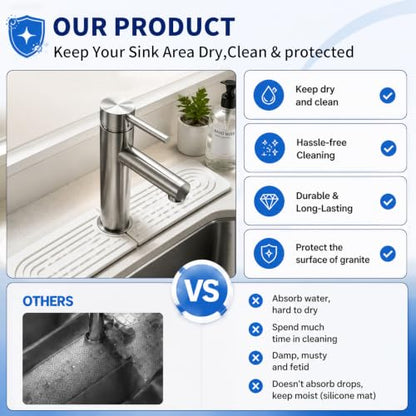 Absorbent Stone Faucet Mat for Kitchen Sink - 15.8" x 4" Diatomite Stone Sink Tray, Quick Dry Bathroom Sink Splash Guard Behind Faucet, Water Catcher Counter Protector (White) - size: 15.8" x 4"
