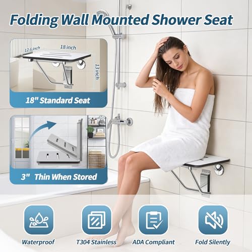 18" Foldable Wall Mounted Fold Down Shower Seat, ADA Compliant Folding Shower Bench with Phenolic Resin Surface No Peeling No Cracking, Triangular Stainless Steel Frame, 420lbs Capacit