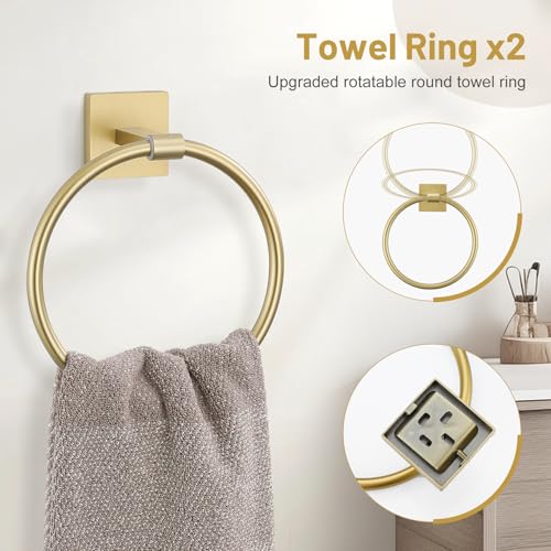 Lairuier 10-Piece Brushed Gold Bathroom Accessories, Towel Bar Set | Bathroom Hardware Set Includes SUS304 23.6" Towel Bar, Towel Ring, Toilet Paper Holder and Towel Hooks Wall Mounted - color: Brushed Gold, size: 10 Pieces - Extended
