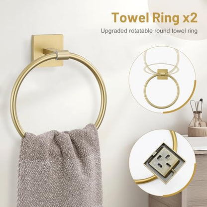 Lairuier 10-Piece Brushed Gold Bathroom Accessories, Towel Bar Set | Bathroom Hardware Set Includes SUS304 23.6" Towel Bar, Towel Ring, Toilet Paper Holder and Towel Hooks Wall Mounted - color: Brushed Gold, size: 10 Pieces - Extended