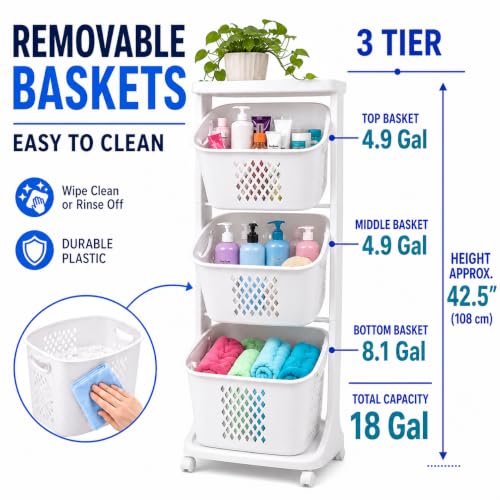 Japard 18 Gal Rolling Laundry Hamper Ultra Slim, Vertical 3 Sorter Cart with Wheels and Breaks, 3-tier Baskets Detachable for Dorm, Closet, Easy Assembly White Gray - size: 3 Tier