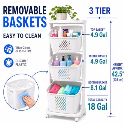 Japard 18 Gal Rolling Laundry Hamper Ultra Slim, Vertical 3 Sorter Cart with Wheels and Breaks, 3-tier Baskets Detachable for Dorm, Closet, Easy Assembly White Gray - size: 3 Tier