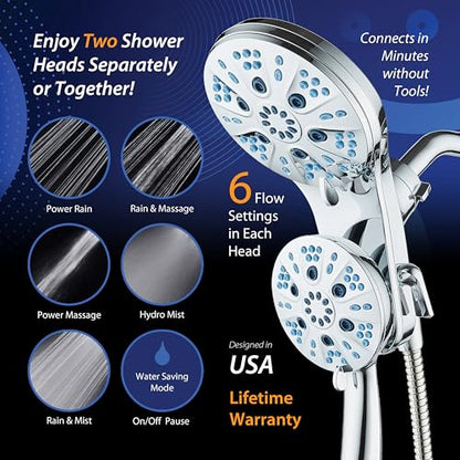 AquaCare Magneton 48-Mode High Pressure Rain & Handheld Shower Head Combo | Space-age Magnetic Guidance Docking, Dual 6-mode Heads with Hygienic Jets, Extra-long 6 ft. Stainless Steel Hose / Chrome - color: Chrome