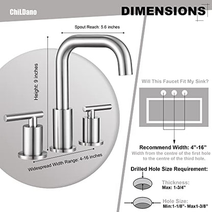 8 inch Brushed Nickel Widespread Bathroom Faucet, 2 Handle 3 Hole Bathroom Faucet with Sink Drain and Water Faucet Supply Hose, ChiLDano Bathroom Faucets CH3166BN | ChiLDano Satin Nickel Sink Faucet Bathroom with 360 Swivel Spout, Brushed Nickel Vanity Fa