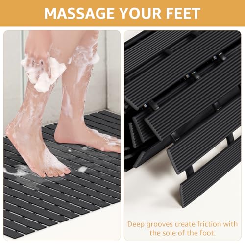 Yolife PVC Large Shower Mat, 35.4 × 24 Inch Non Suction Cup Non Slip Shower Floor Mat, Easy to Cut & Curlable Stand Up Shower Stall Mat, Heavy Duty Bath Shower Mats for Inside Shower - color: Black