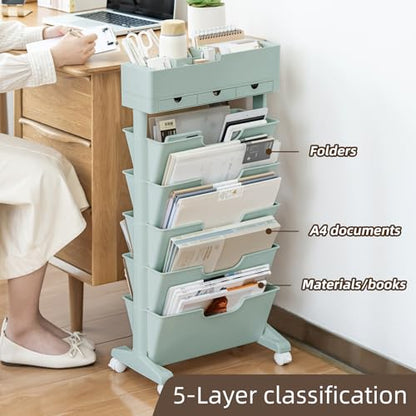 5 Tier Rolling Book Cart Multi-Functional Movable Storage Bookshelves | rolling bookshelf,Movable Storage Bookshelves with Lockable Wheels for Study Office Library Classroom, - color: Blue