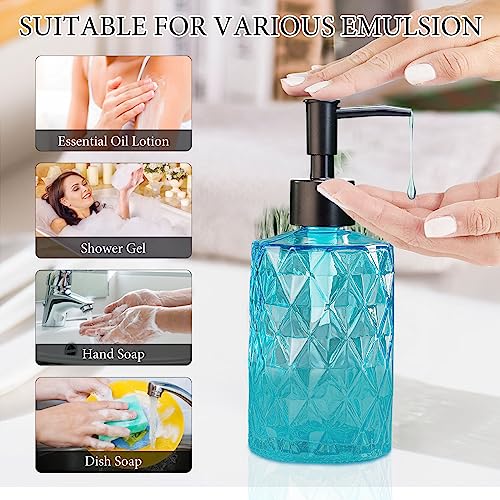 Clear Ocean Blue Glass Soap Dispenser with Plastic Pump, 2 Pack 12oz Diamond Design Bathroom Soap Dispenser for Hand Wash, Lotion Dispenser & Dish Soap Dispenser for Kitchen and Bathroom - color: Diamond Blue