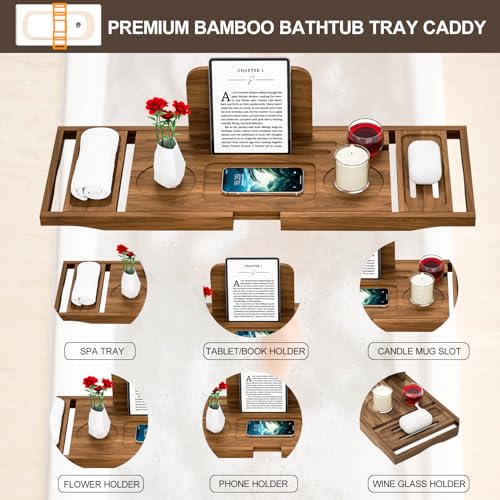 Premium Teak Bathtub Tray Caddy, Expandable Wooden Bath Tray for Bathub, Luxury Bathtub & Bathroom Accessories, Great House Warming, Anniversary & Wedding and Birthday Gifts - color: Premium Teak