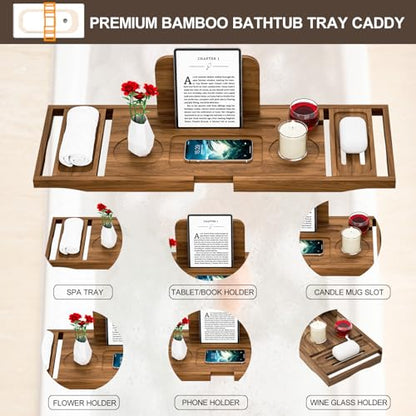 Premium Teak Bathtub Tray Caddy, Expandable Wooden Bath Tray for Bathub, Luxury Bathtub & Bathroom Accessories, Great House Warming, Anniversary & Wedding and Birthday Gifts - color: Premium Teak
