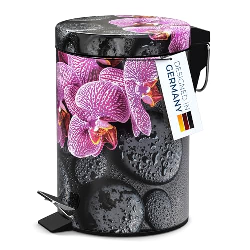 Sanilo Small Bathroom Trash Can with Lid [1.3 Gallon] - Lidded Tiny Trashcan for Garbage - Mini Metal Bin with Soft Closing Mechanism - Bath Room Accessoire Wastebin with Inner Bucket (Madeira) - color: Madeira