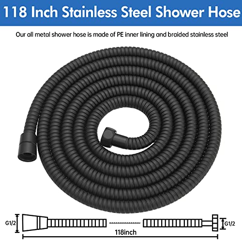 RUMOSE 118 inches Extra Long Shower Hose, Black | Shower Head Extension Hose, Attachment Flexible Handheld Shower Sprayer Hose, Stainless Steel Shower Tube - color: Black, size: 118"