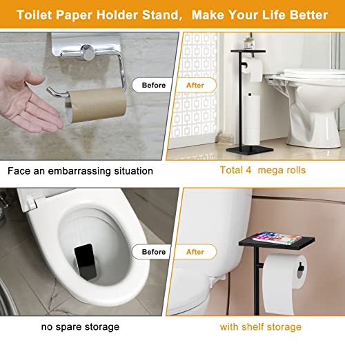 Toilet Paper Holder Free Standing Black Bathroom Toilet Paper Holder Stand with Storage Shelf, Freestanding Roll Tissue Holders Dispenser for Reserve Spare Mega Rolls - color: Black